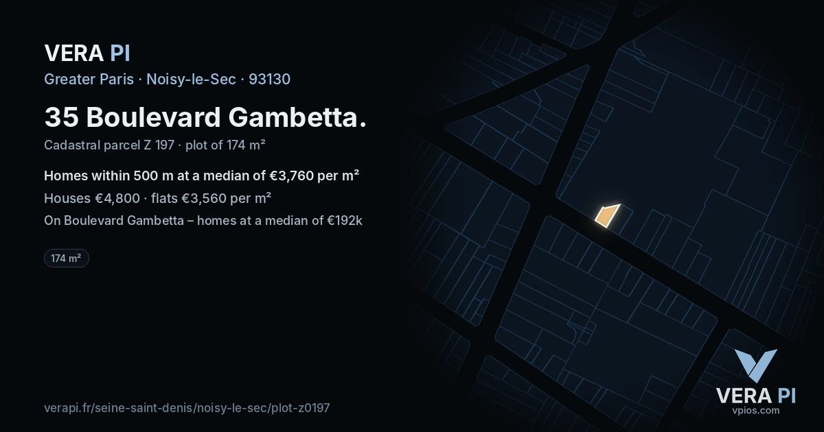 35 Boulevard Gambetta, Noisy-le-Sec at night – the plot lit, the parcels around coloured by the prices near them