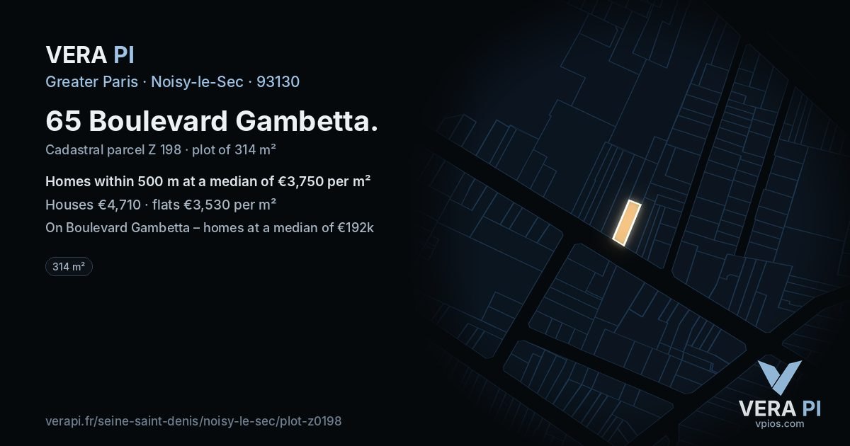 65 Boulevard Gambetta, Noisy-le-Sec at night – the plot lit, the parcels around coloured by the prices near them