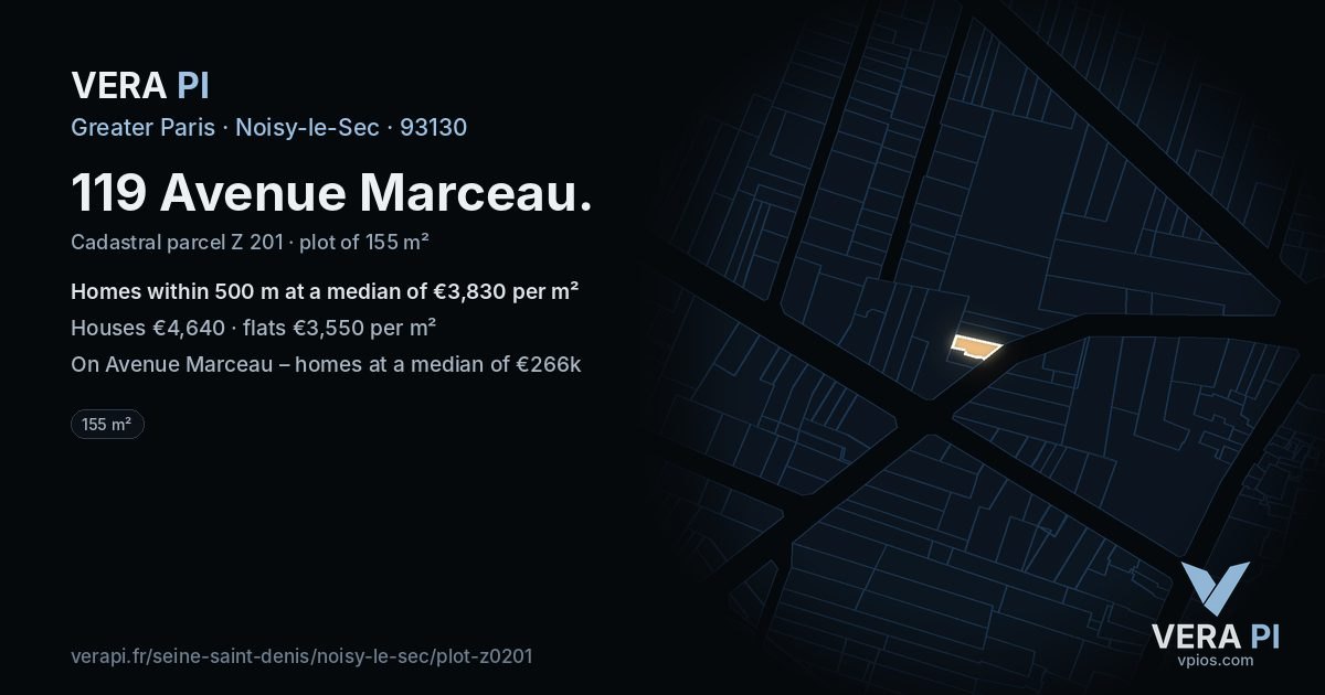 119 Avenue Marceau, Noisy-le-Sec at night – the plot lit, the parcels around coloured by the prices near them