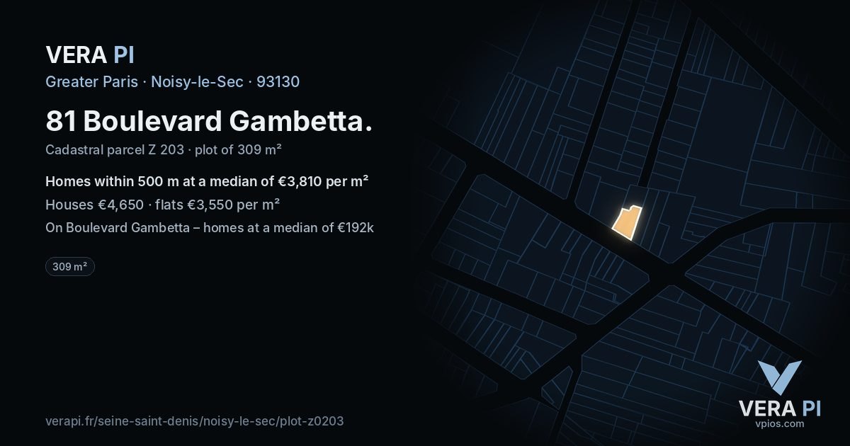 81 Boulevard Gambetta, Noisy-le-Sec at night – the plot lit, the parcels around coloured by the prices near them