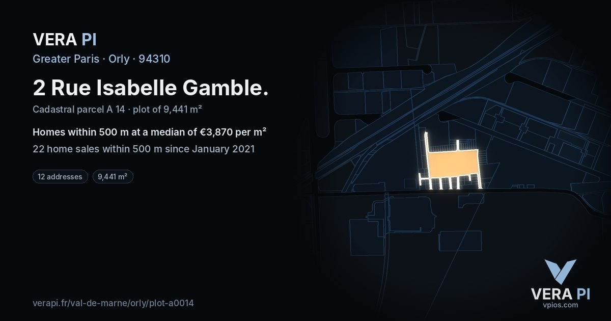 2 Rue Isabelle Gamble, Orly at night – the plot lit, the parcels around coloured by the prices near them