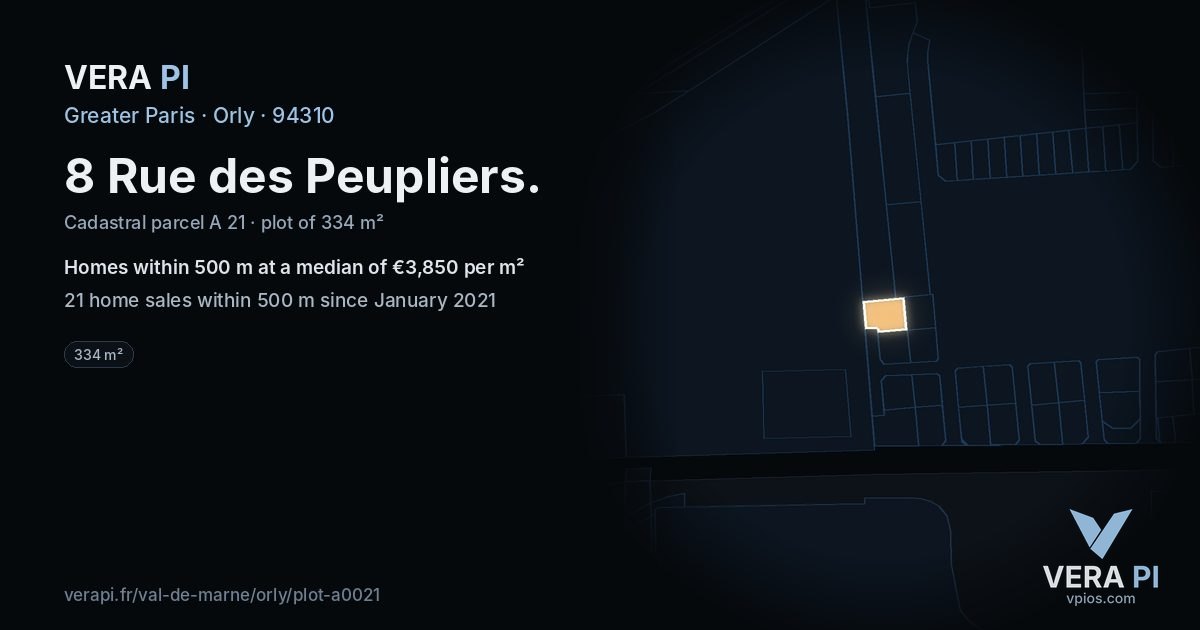 8 Rue des Peupliers, Orly at night – the plot lit, the parcels around coloured by the prices near them