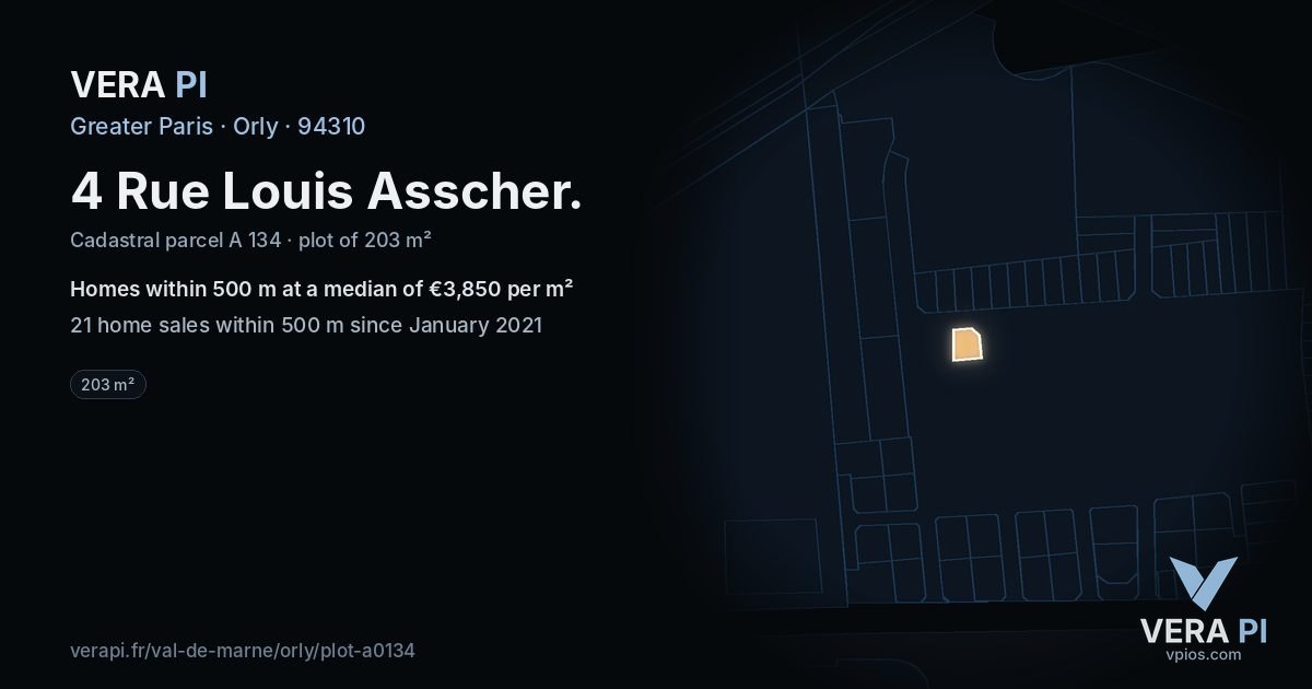 4 Rue Louis Asscher, Orly at night – the plot lit, the parcels around coloured by the prices near them
