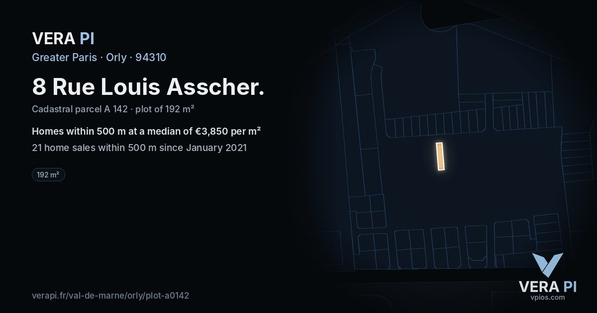 8 Rue Louis Asscher, Orly at night – the plot lit, the parcels around coloured by the prices near them