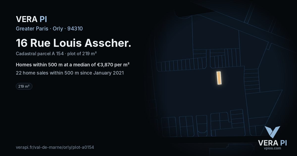 16 Rue Louis Asscher, Orly at night – the plot lit, the parcels around coloured by the prices near them