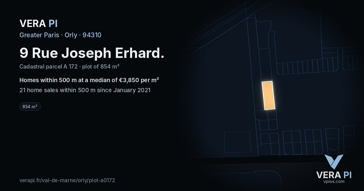 9 Rue Joseph Erhard, Orly at night – the plot lit, the parcels around coloured by the prices near them