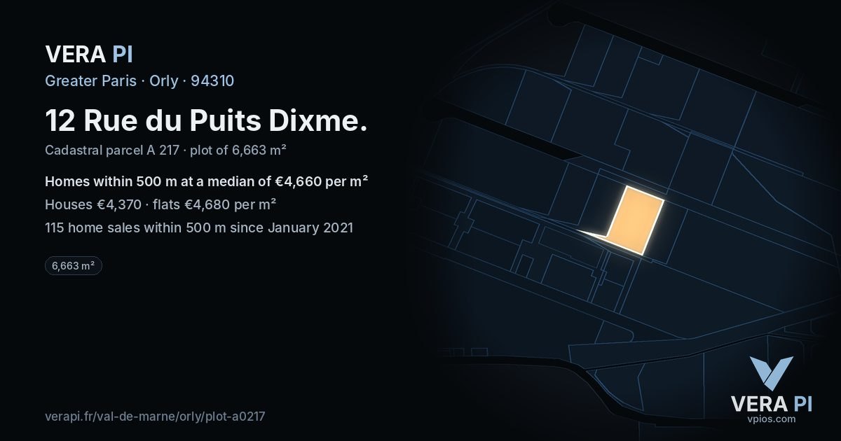 12 Rue du Puits Dixme, Orly at night – the plot lit, the parcels around coloured by the prices near them
