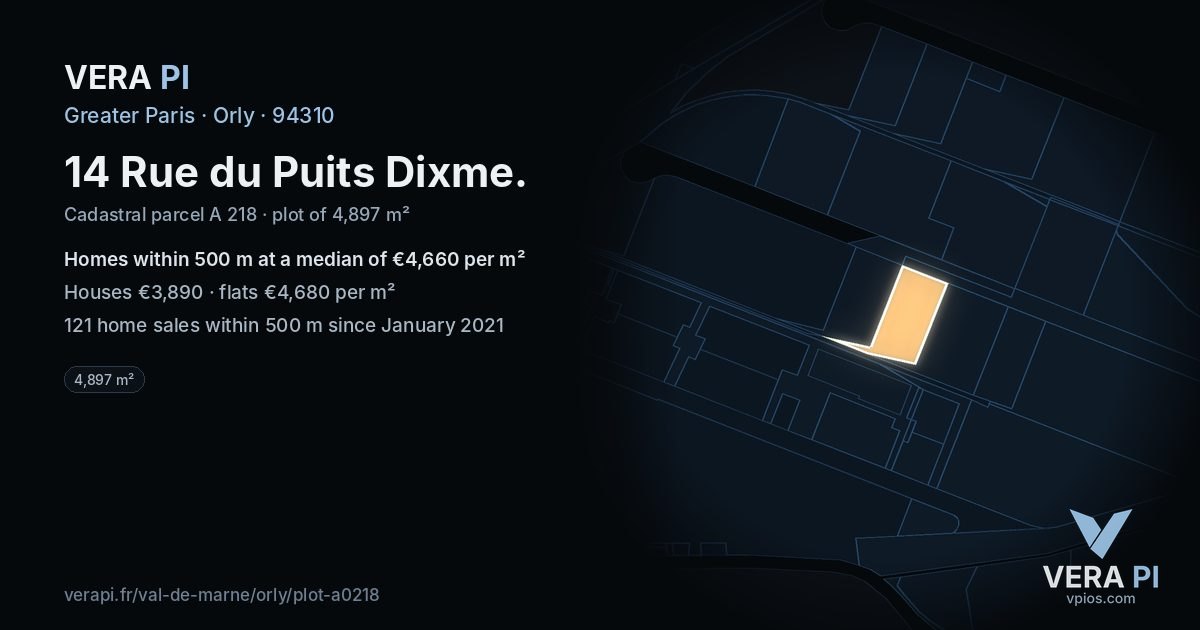 14 Rue du Puits Dixme, Orly at night – the plot lit, the parcels around coloured by the prices near them