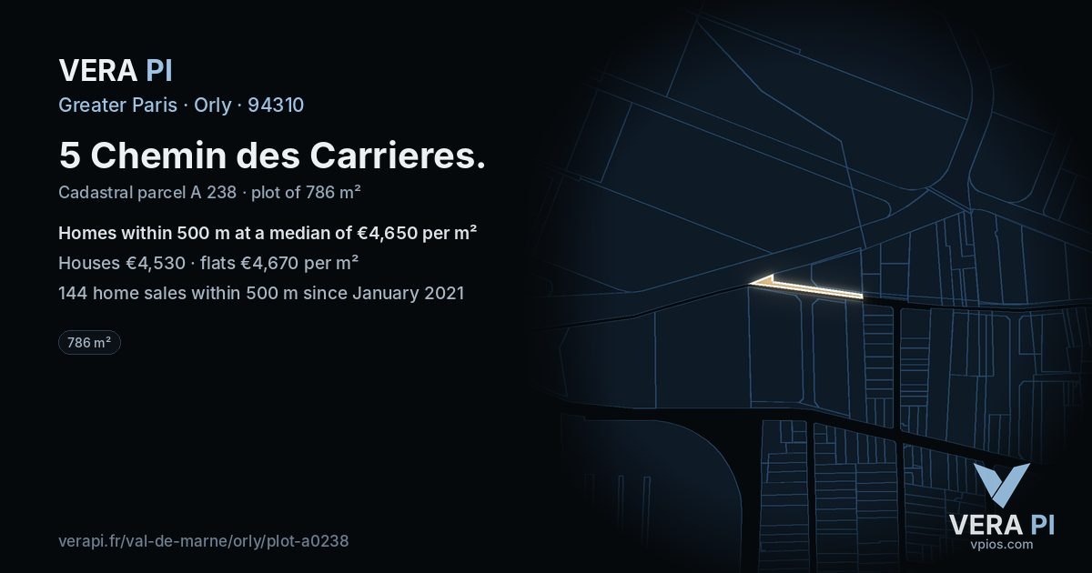 5 Chemin des Carrieres, Orly at night – the plot lit, the parcels around coloured by the prices near them