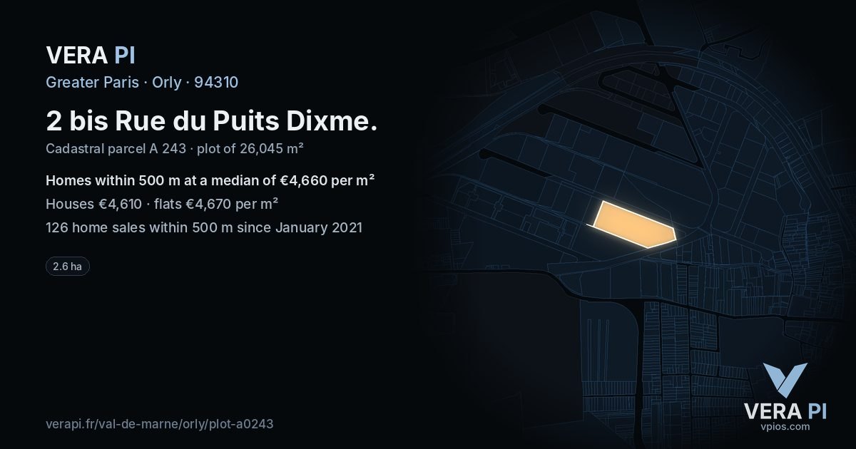 2 bis Rue du Puits Dixme, Orly at night – the plot lit, the parcels around coloured by the prices near them