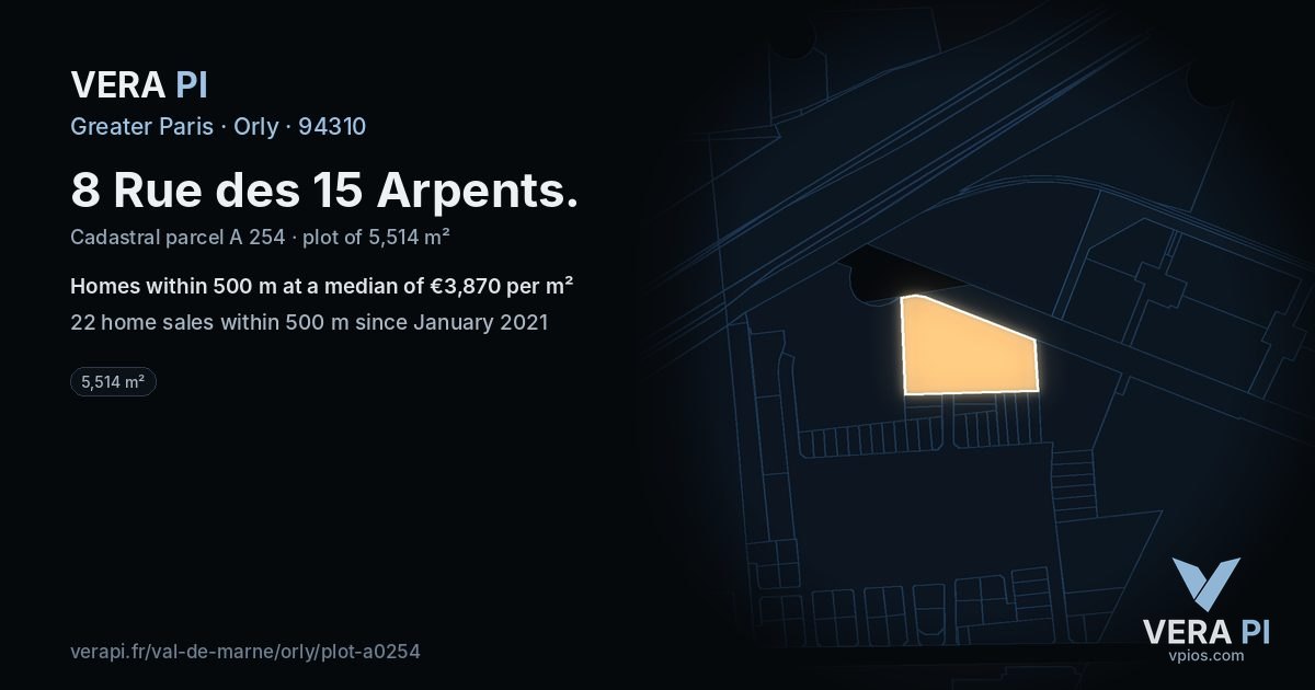 8 Rue des 15 Arpents, Orly at night – the plot lit, the parcels around coloured by the prices near them