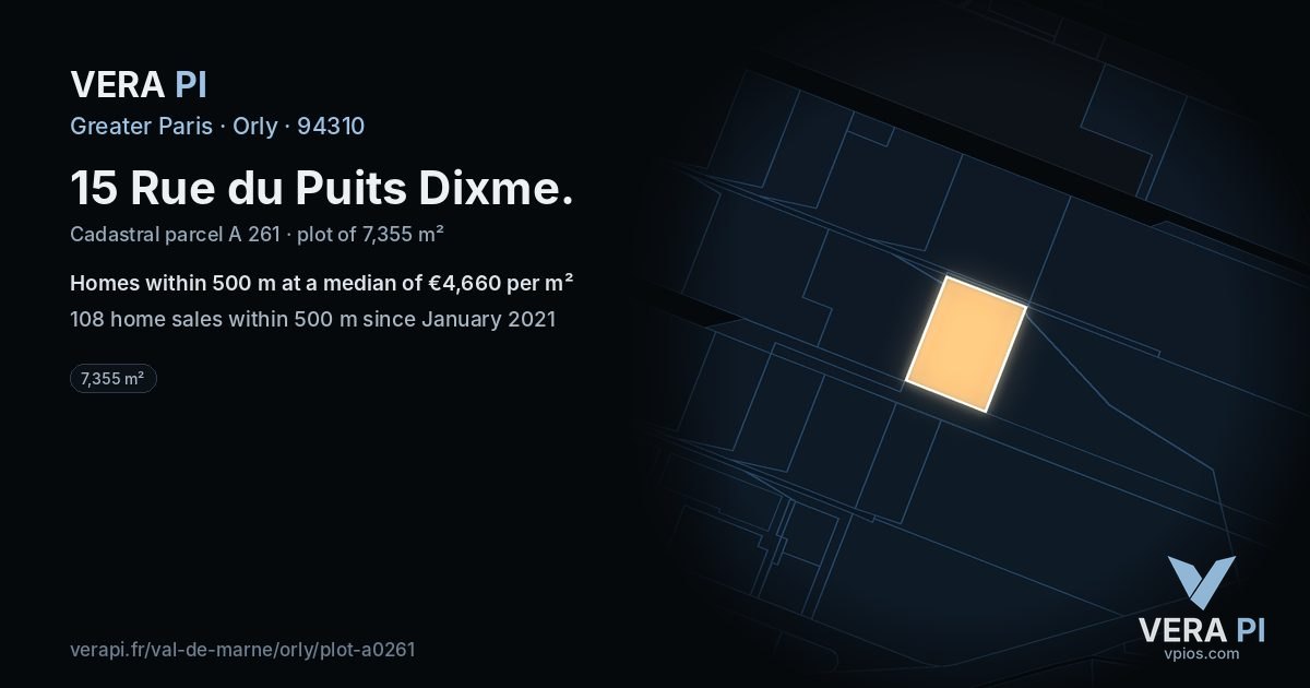 15 Rue du Puits Dixme, Orly at night – the plot lit, the parcels around coloured by the prices near them