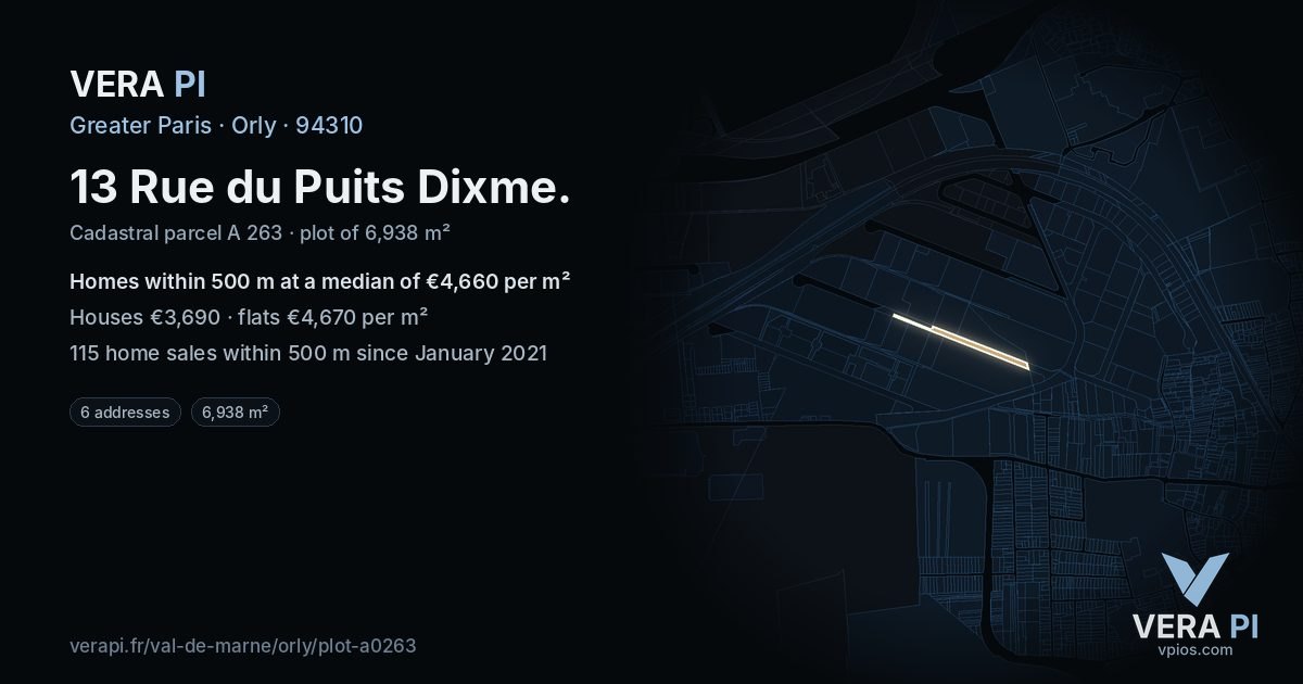 13 Rue du Puits Dixme, Orly at night – the plot lit, the parcels around coloured by the prices near them
