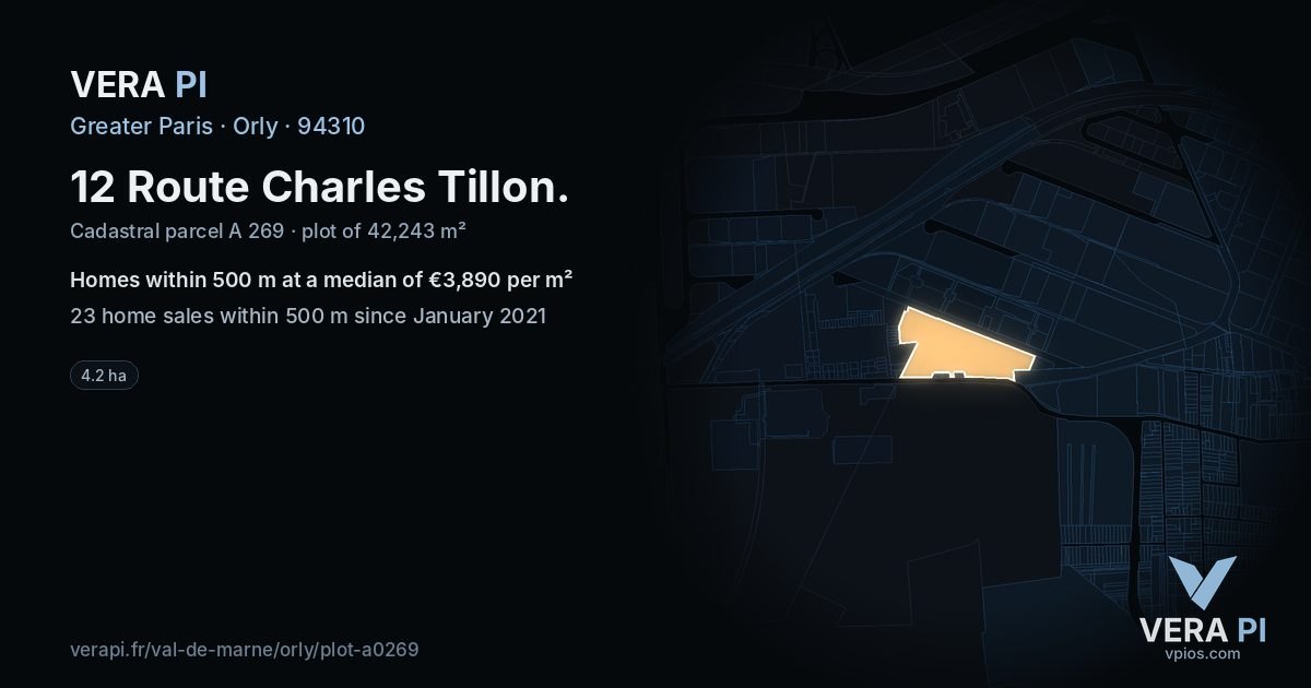 12 Route Charles Tillon, Orly at night – the plot lit, the parcels around coloured by the prices near them