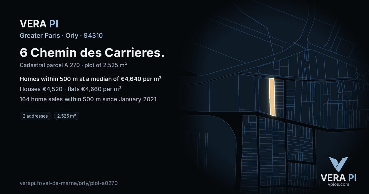 6 Chemin des Carrieres, Orly at night – the plot lit, the parcels around coloured by the prices near them