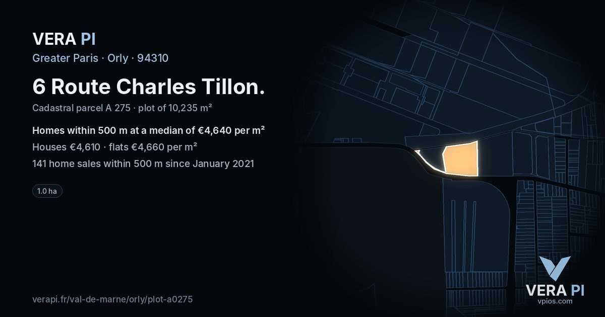 6 Route Charles Tillon, Orly at night – the plot lit, the parcels around coloured by the prices near them
