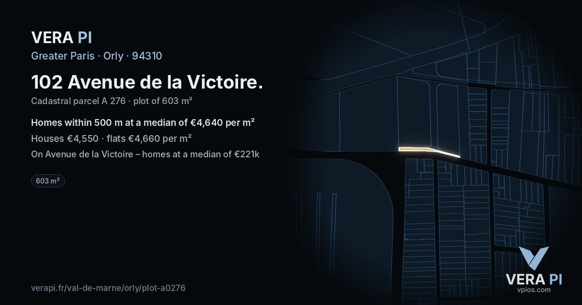 102 Avenue de la Victoire, Orly at night – the plot lit, the parcels around coloured by the prices near them