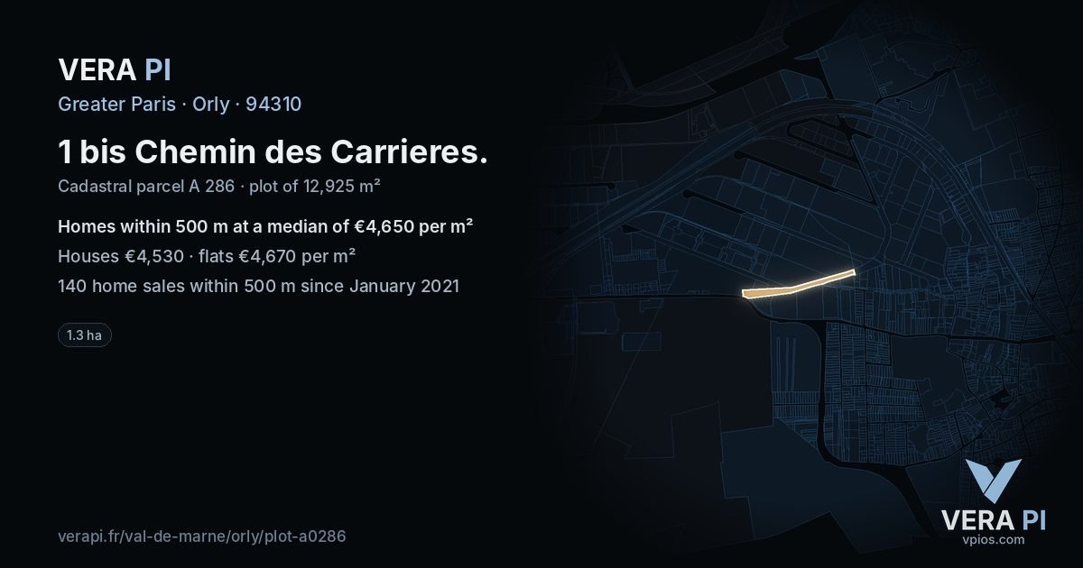 1 bis Chemin des Carrieres, Orly at night – the plot lit, the parcels around coloured by the prices near them