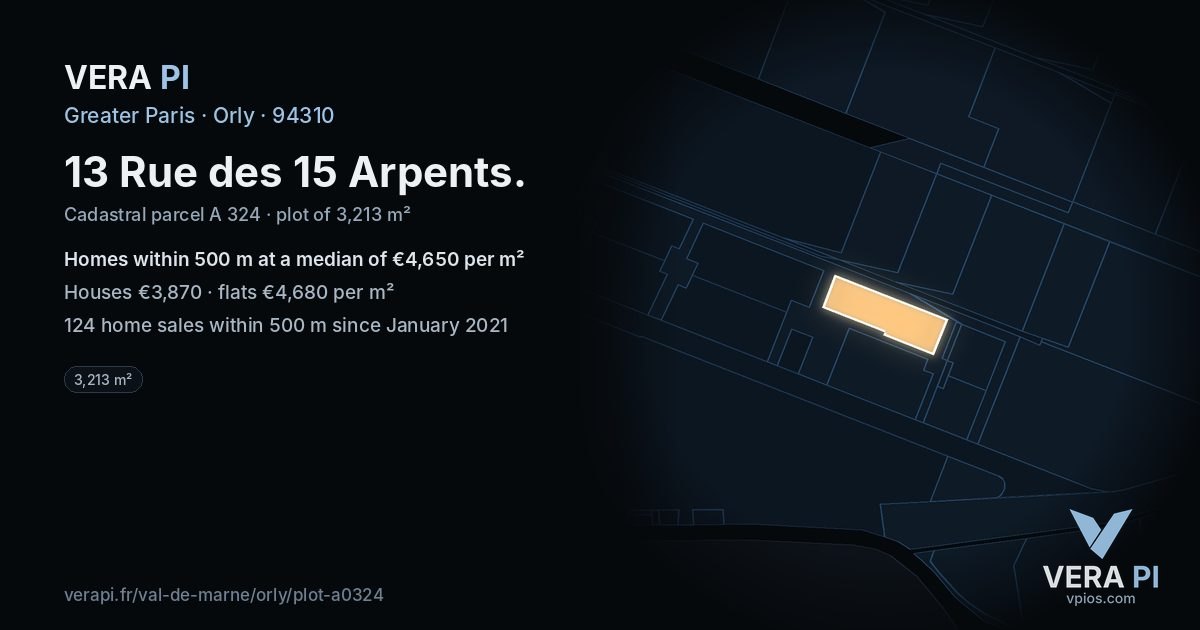 13 Rue des 15 Arpents, Orly at night – the plot lit, the parcels around coloured by the prices near them