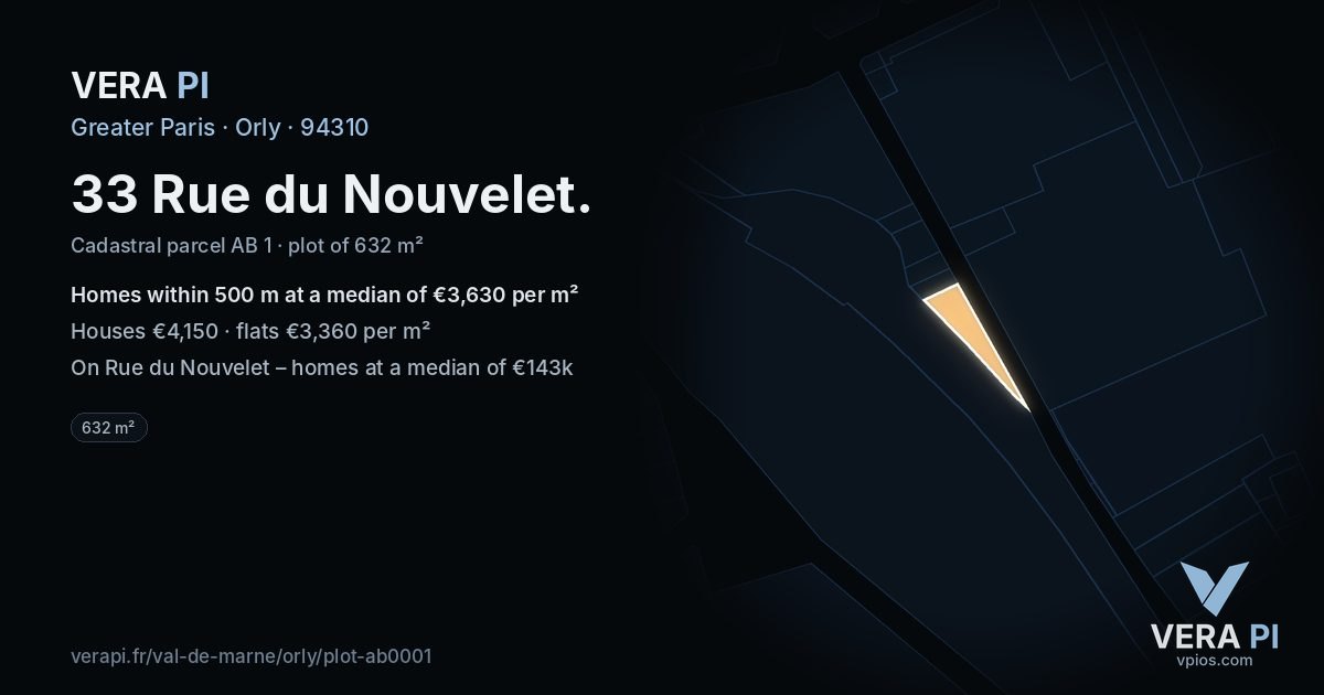 33 Rue du Nouvelet, Orly at night – the plot lit, the parcels around coloured by the prices near them