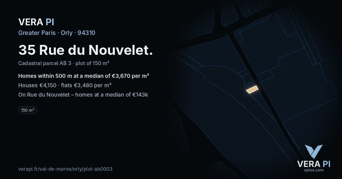 35 Rue du Nouvelet, Orly at night – the plot lit, the parcels around coloured by the prices near them