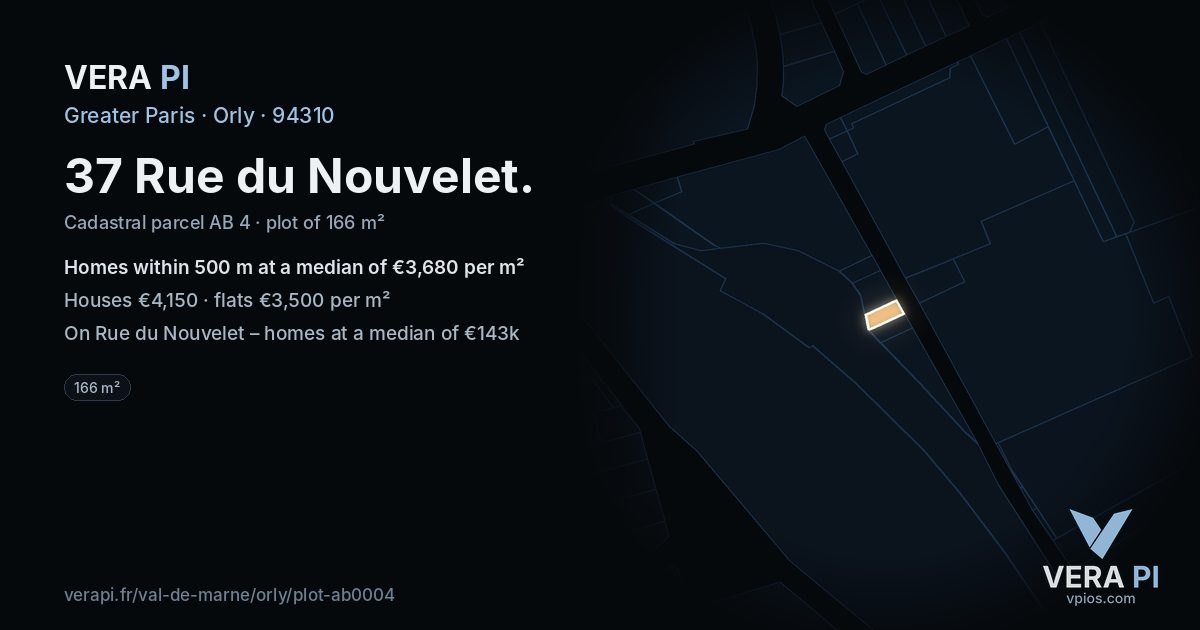 37 Rue du Nouvelet, Orly at night – the plot lit, the parcels around coloured by the prices near them