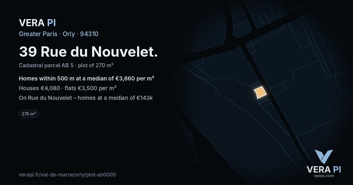 39 Rue du Nouvelet, Orly at night – the plot lit, the parcels around coloured by the prices near them
