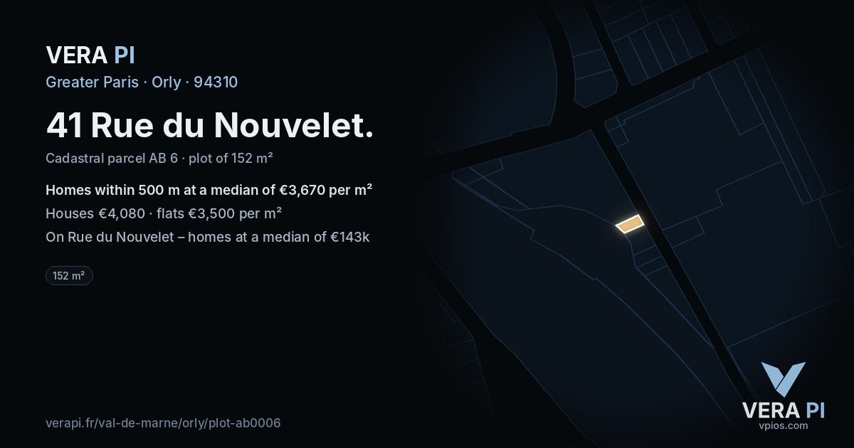 41 Rue du Nouvelet, Orly at night – the plot lit, the parcels around coloured by the prices near them