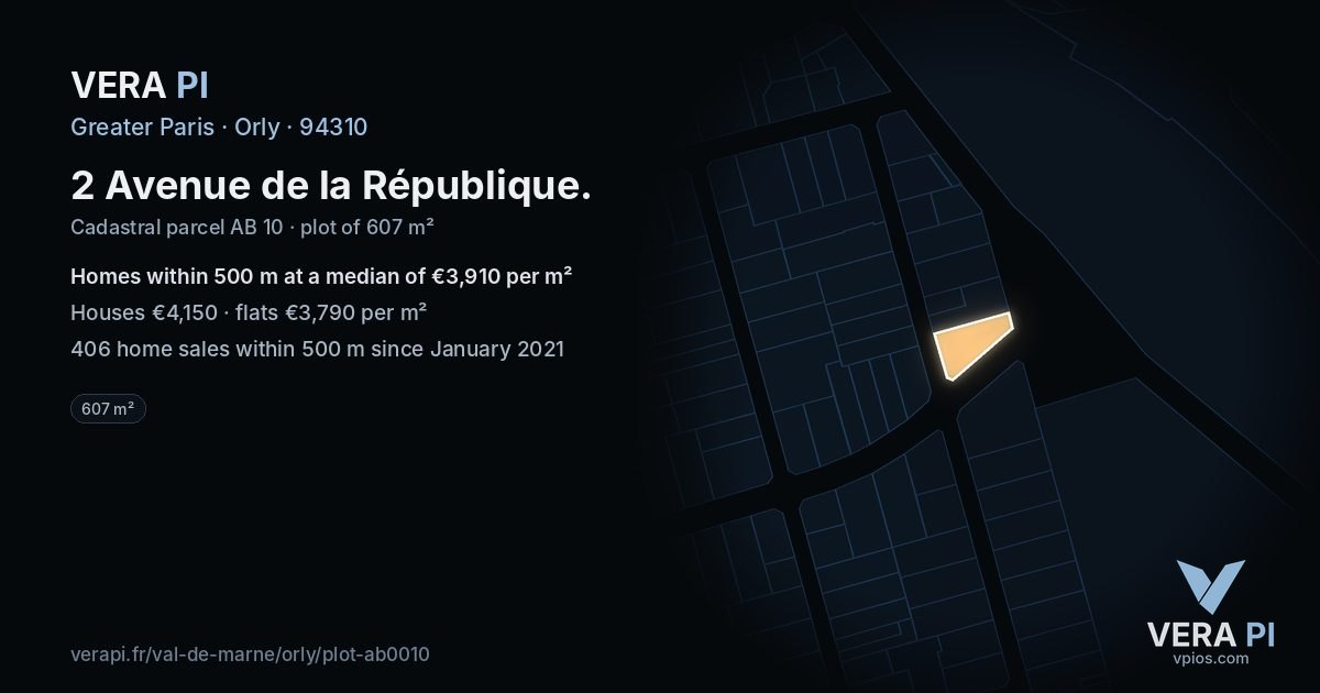2 Avenue de la République, Orly at night – the plot lit, the parcels around coloured by the prices near them