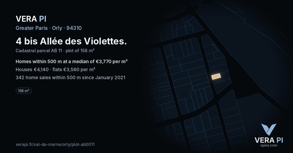 4 bis Allée des Violettes, Orly at night – the plot lit, the parcels around coloured by the prices near them