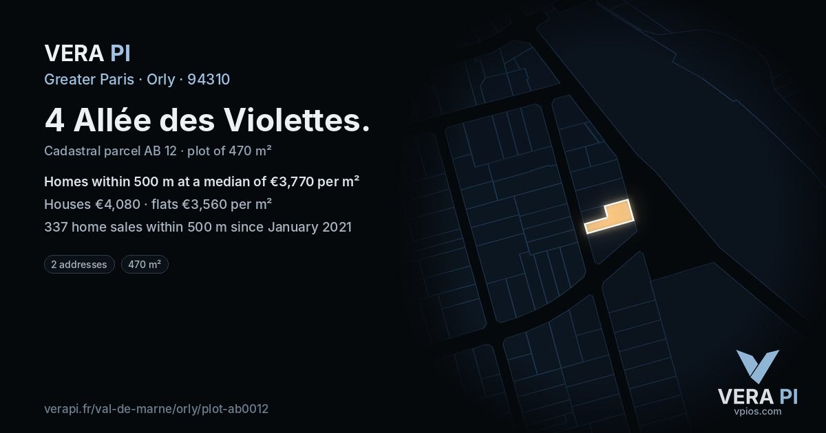 4 Allée des Violettes, Orly at night – the plot lit, the parcels around coloured by the prices near them