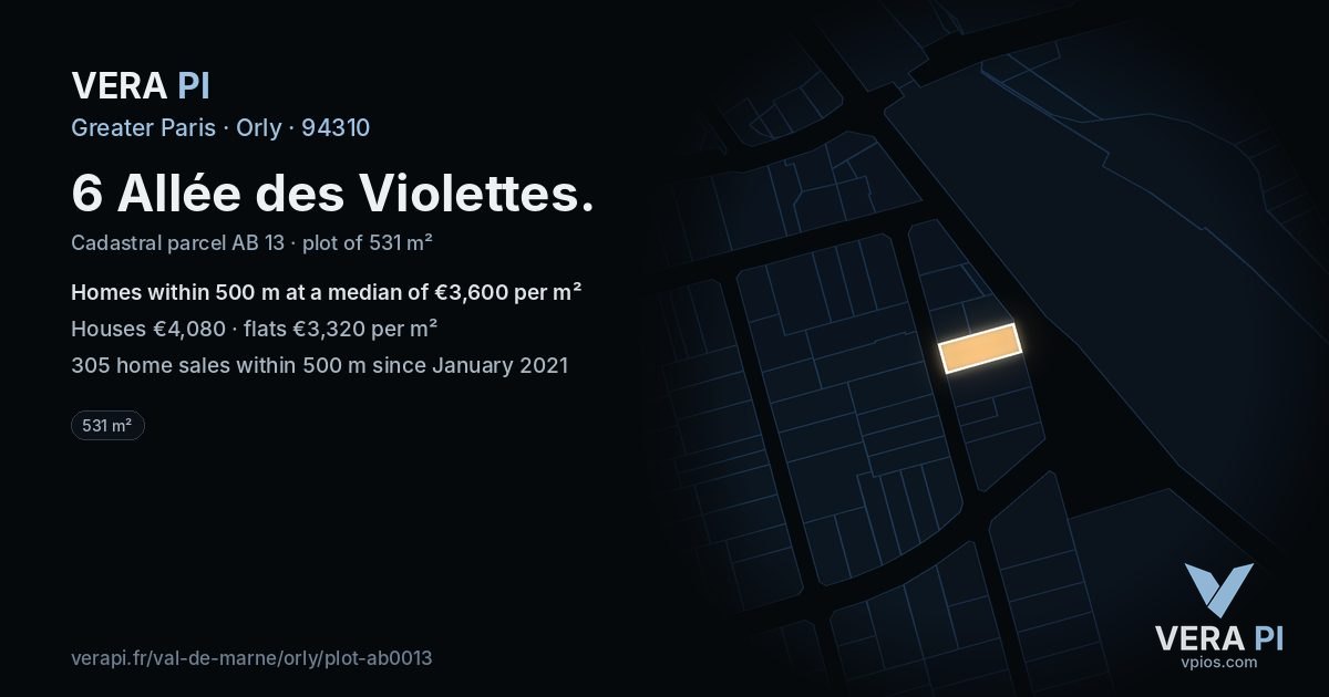 6 Allée des Violettes, Orly at night – the plot lit, the parcels around coloured by the prices near them