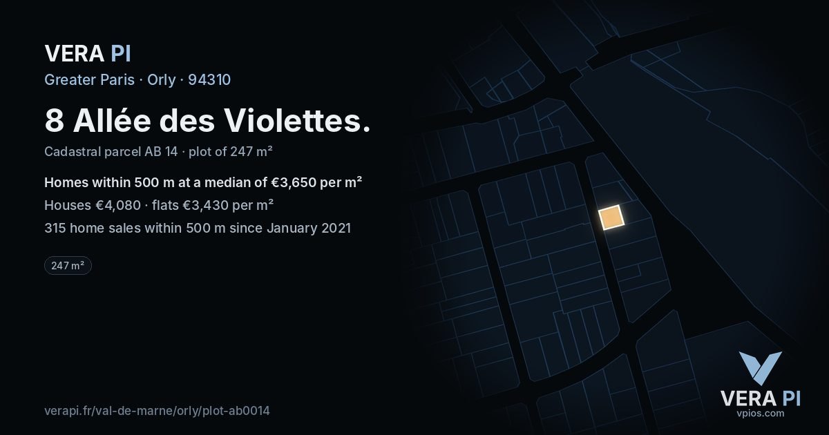 8 Allée des Violettes, Orly at night – the plot lit, the parcels around coloured by the prices near them