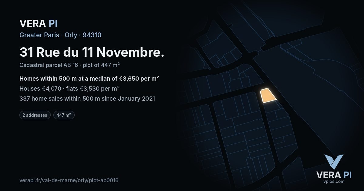 31 Rue du 11 Novembre, Orly at night – the plot lit, the parcels around coloured by the prices near them