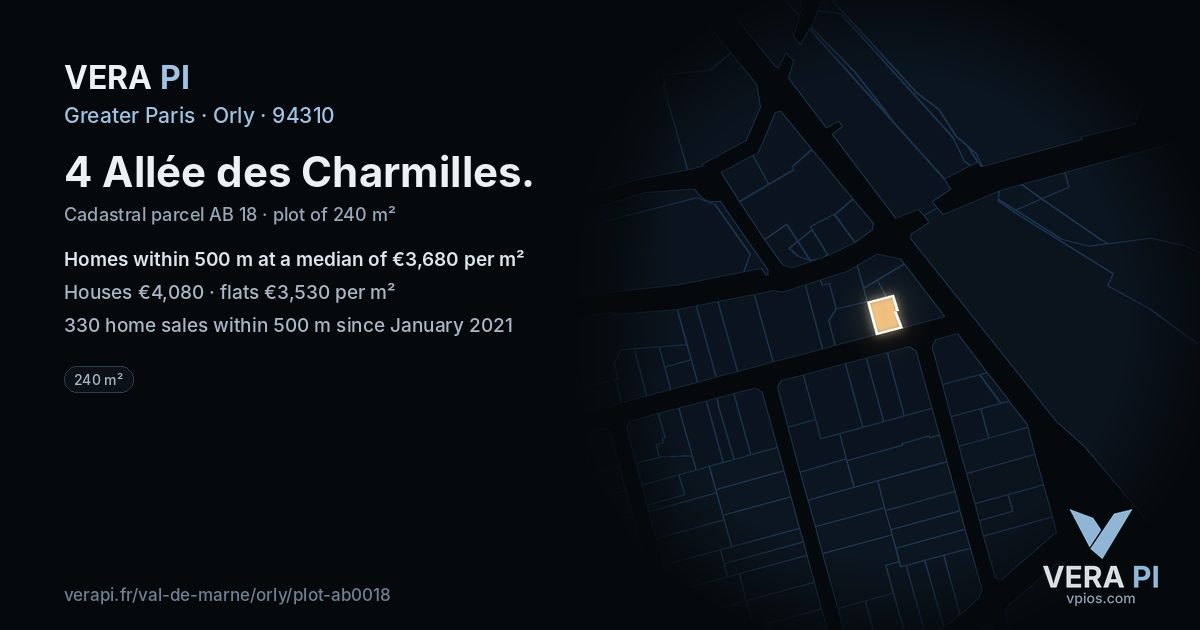 4 Allée des Charmilles, Orly at night – the plot lit, the parcels around coloured by the prices near them