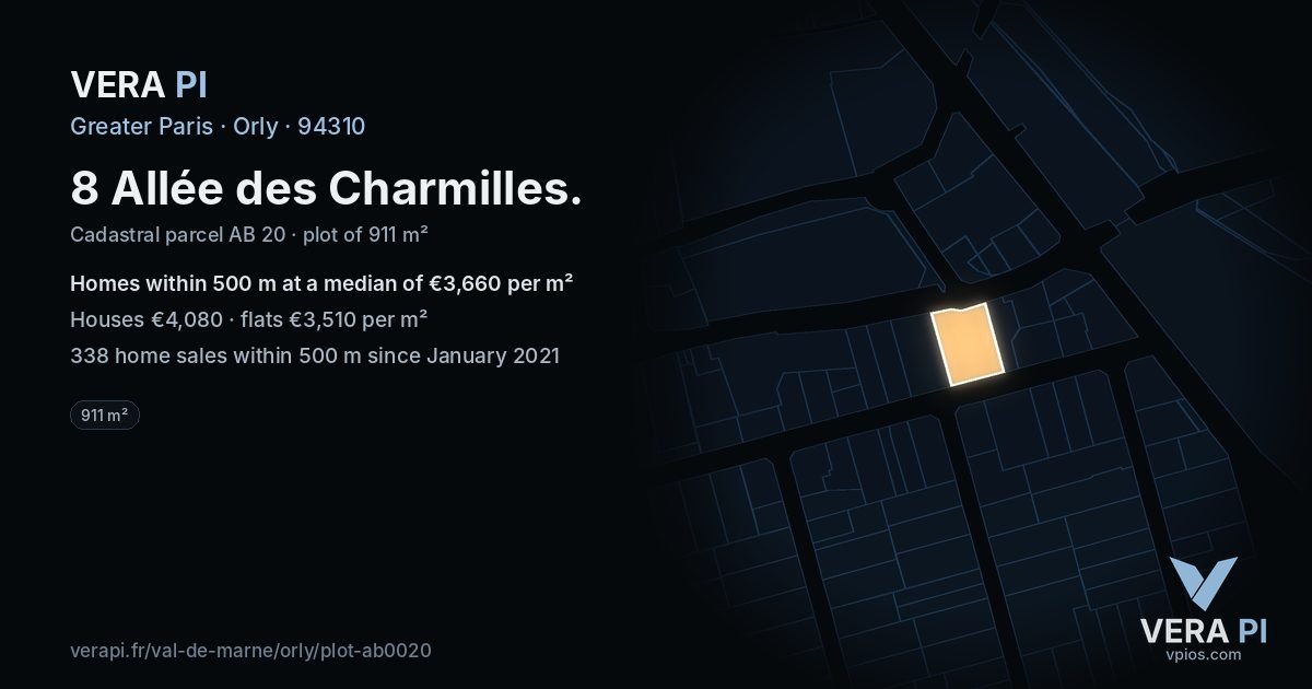 8 Allée des Charmilles, Orly at night – the plot lit, the parcels around coloured by the prices near them