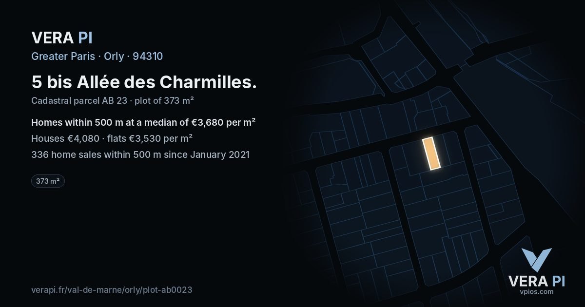 5 bis Allée des Charmilles, Orly at night – the plot lit, the parcels around coloured by the prices near them
