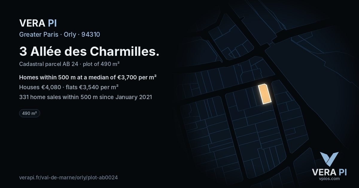 3 Allée des Charmilles, Orly at night – the plot lit, the parcels around coloured by the prices near them