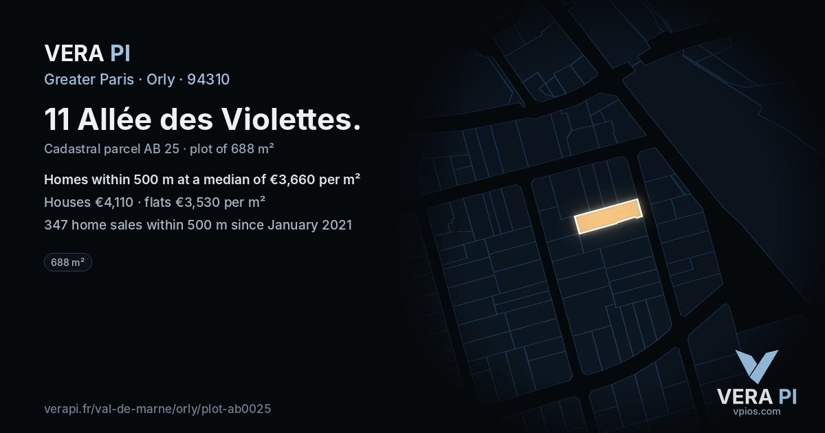 11 Allée des Violettes, Orly at night – the plot lit, the parcels around coloured by the prices near them
