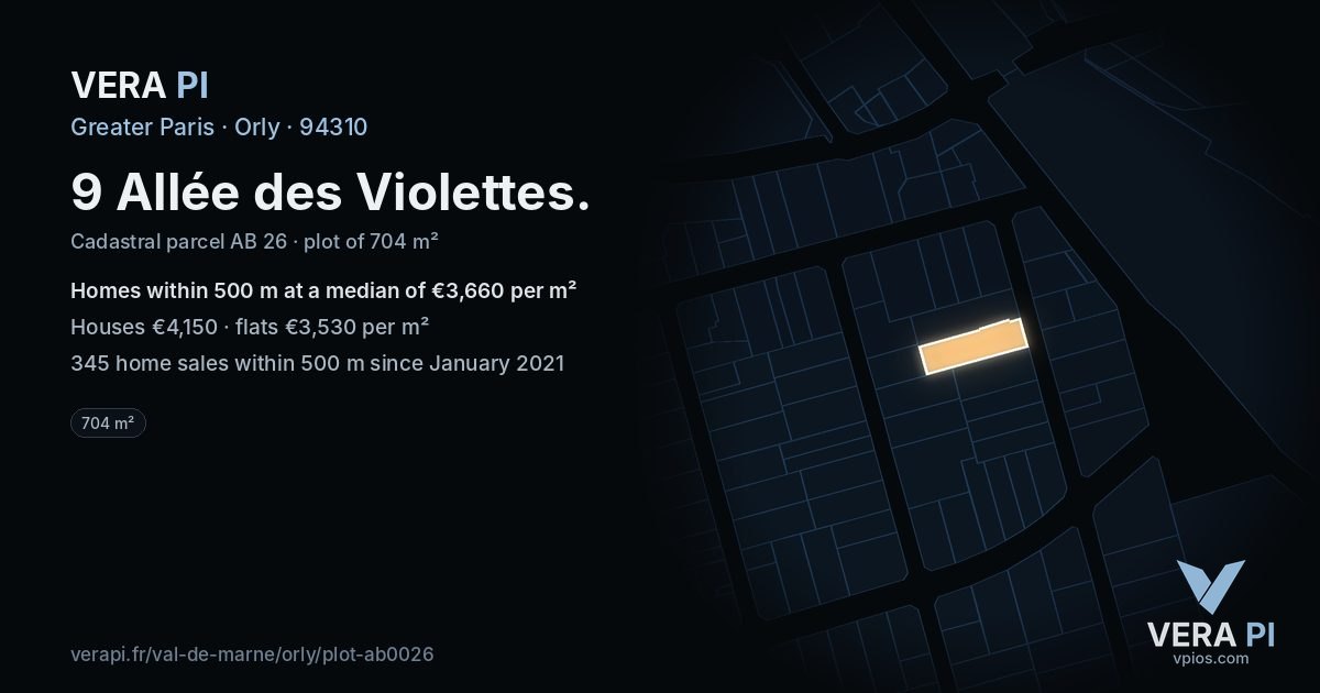 9 Allée des Violettes, Orly at night – the plot lit, the parcels around coloured by the prices near them