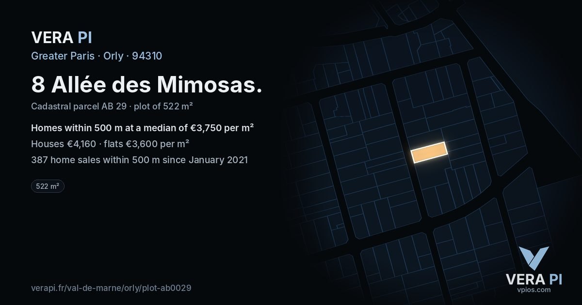 8 Allée des Mimosas, Orly at night – the plot lit, the parcels around coloured by the prices near them