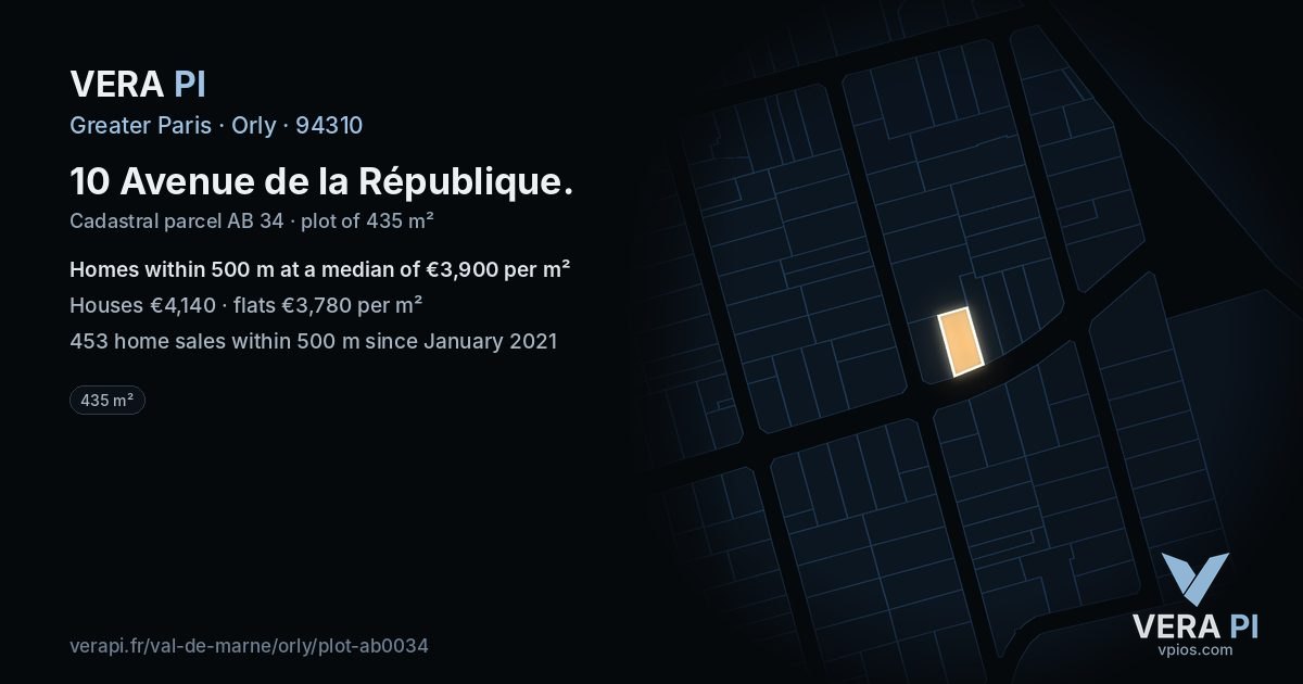 10 Avenue de la République, Orly at night – the plot lit, the parcels around coloured by the prices near them
