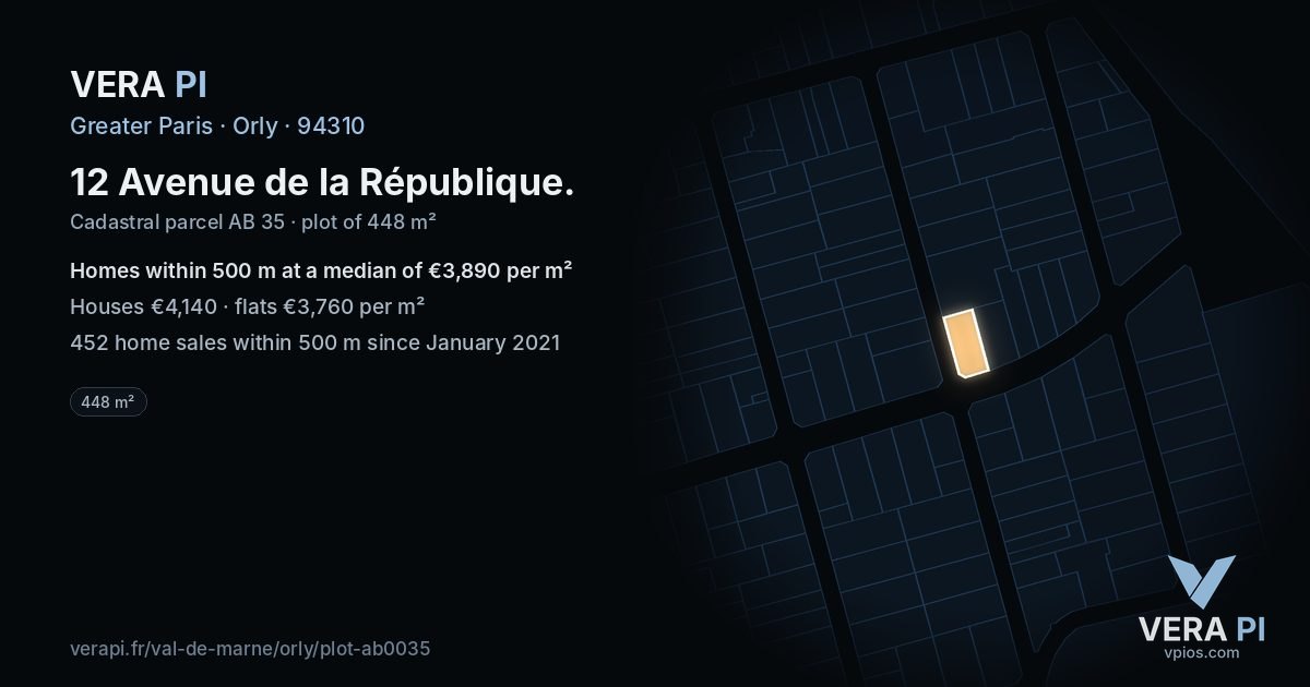 12 Avenue de la République, Orly at night – the plot lit, the parcels around coloured by the prices near them