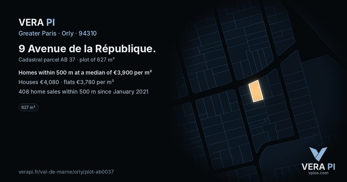 9 Avenue de la République, Orly at night – the plot lit, the parcels around coloured by the prices near them