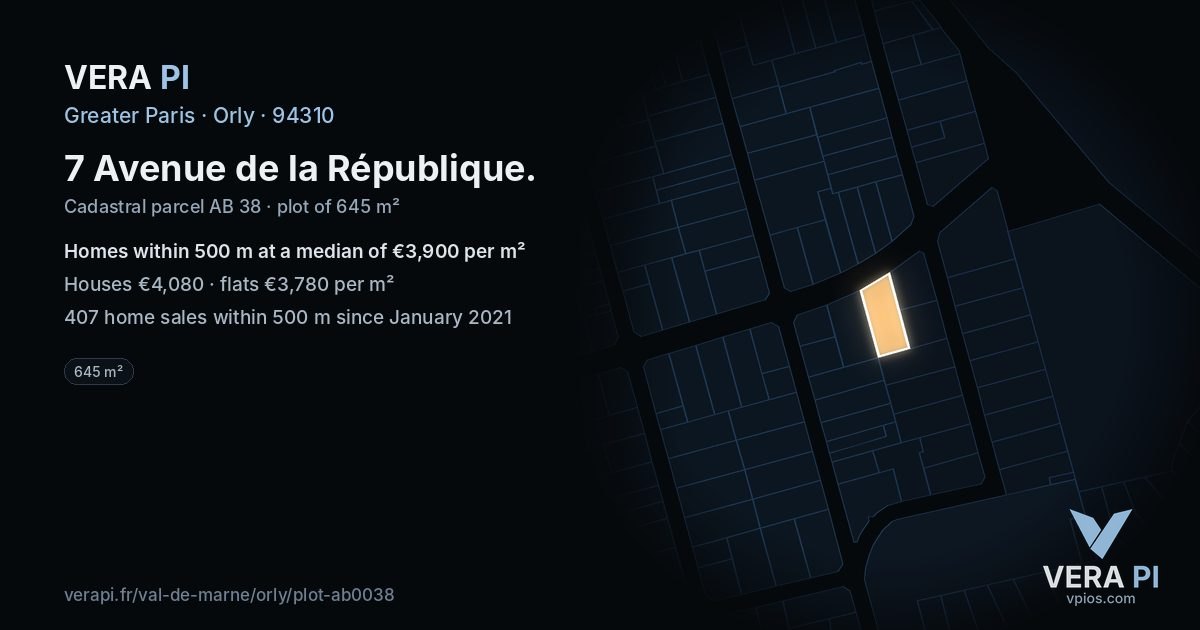 7 Avenue de la République, Orly at night – the plot lit, the parcels around coloured by the prices near them