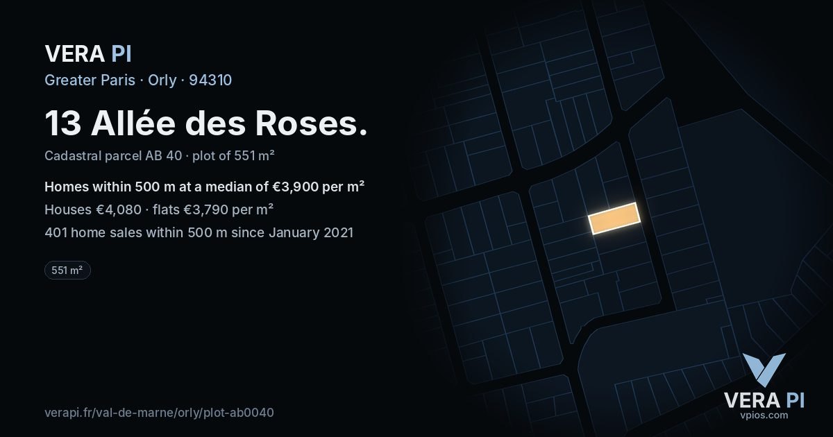 13 Allée des Roses, Orly at night – the plot lit, the parcels around coloured by the prices near them