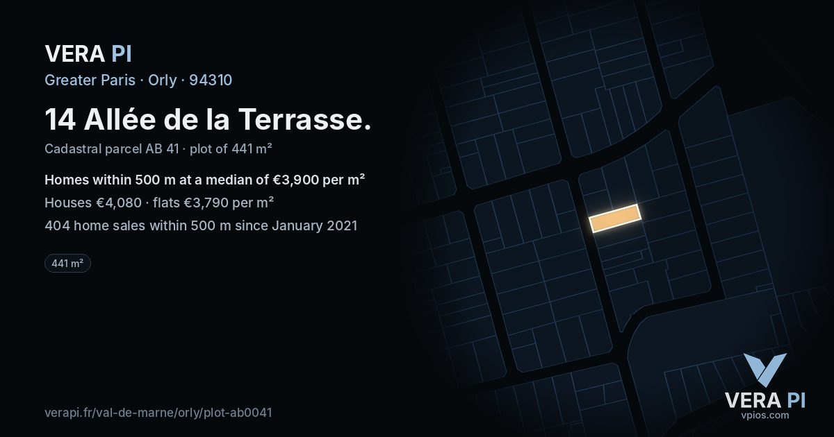 14 Allée de la Terrasse, Orly at night – the plot lit, the parcels around coloured by the prices near them