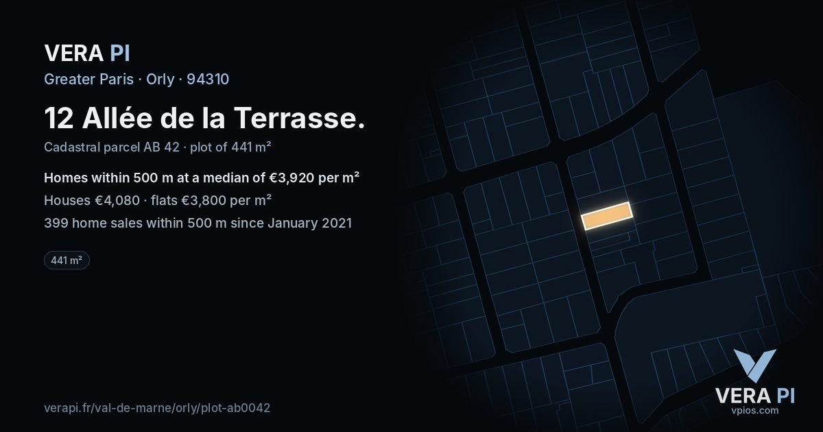 12 Allée de la Terrasse, Orly at night – the plot lit, the parcels around coloured by the prices near them