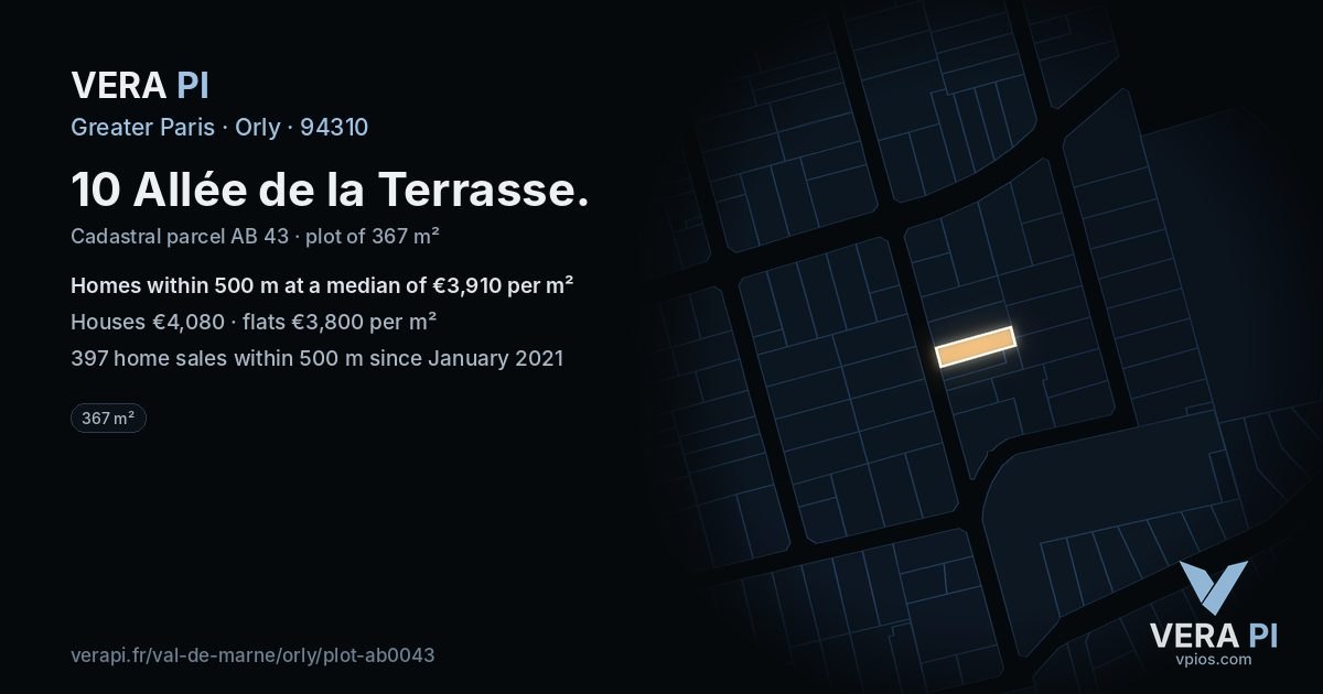 10 Allée de la Terrasse, Orly at night – the plot lit, the parcels around coloured by the prices near them