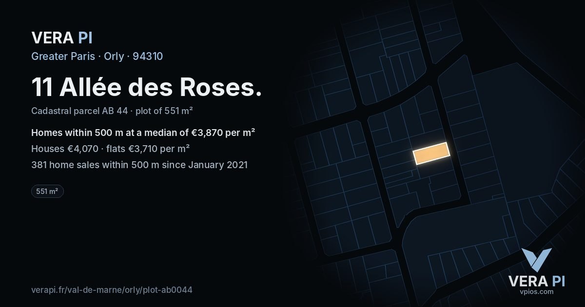 11 Allée des Roses, Orly at night – the plot lit, the parcels around coloured by the prices near them